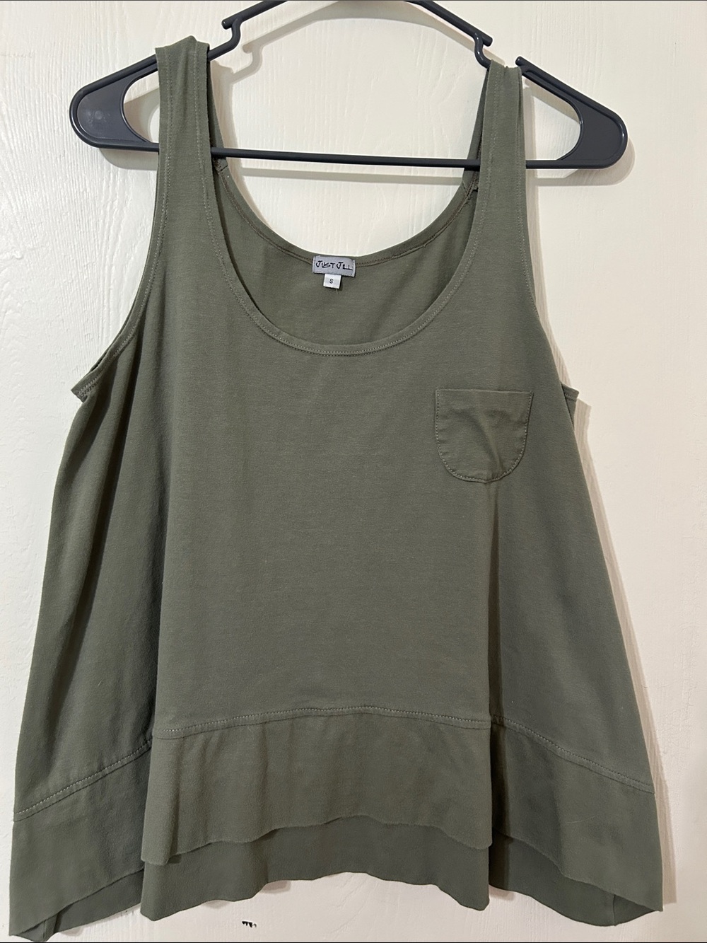 Relaxed Olive Tank with Pocket & Layered Hem
